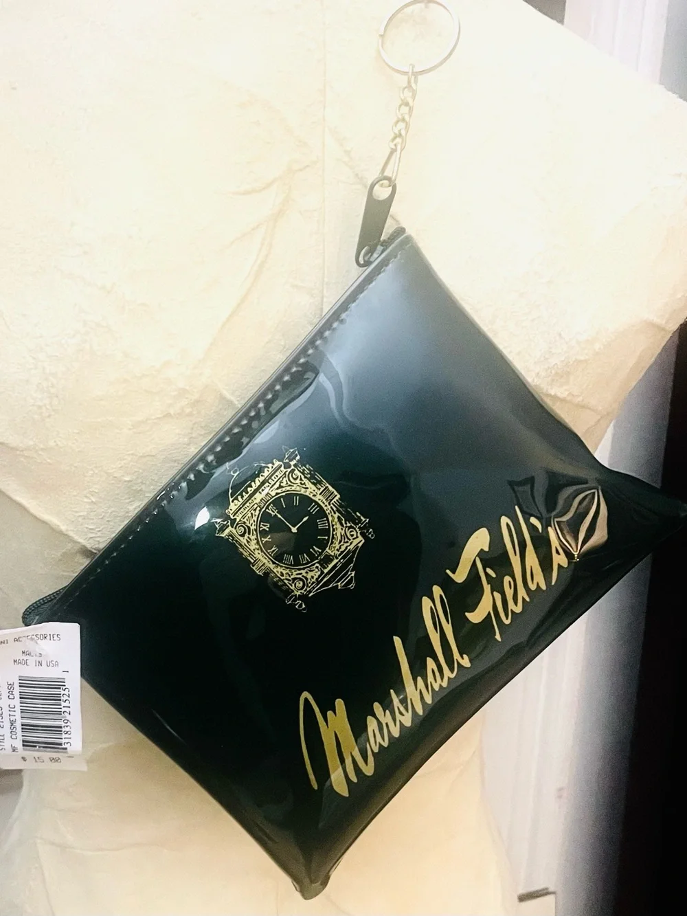Marshall Field's Black Patent Wristlet with Gold Script